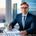 Home 18 가치 투자 실전 예제 워렌 버핏의 투자 원칙 - A confident, professional investor sitting at a sleek modern desk in a bright office, analyzing deta...