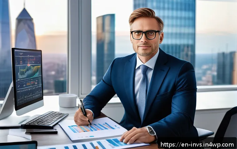 가치 투자 실전 예제 워렌 버핏의 투자 원칙 - A confident, professional investor sitting at a sleek modern desk in a bright office, analyzing deta...