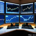 Home 23 가치 투자자가 알아야 할 주식 시장의 심리 - A sophisticated financial analyst’s workspace featuring multiple large monitors displaying dynamic s...