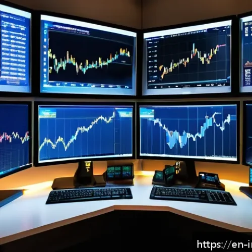 Home 17 가치 투자자가 알아야 할 주식 시장의 심리 - A sophisticated financial analyst’s workspace featuring multiple large monitors displaying dynamic s...