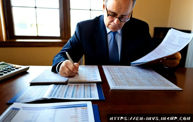 Home 17 가치 투자자가 자주 하는 질문 FAQ - Photorealistic value investing research scene, thoughtful middle-aged American investor seated at a ...