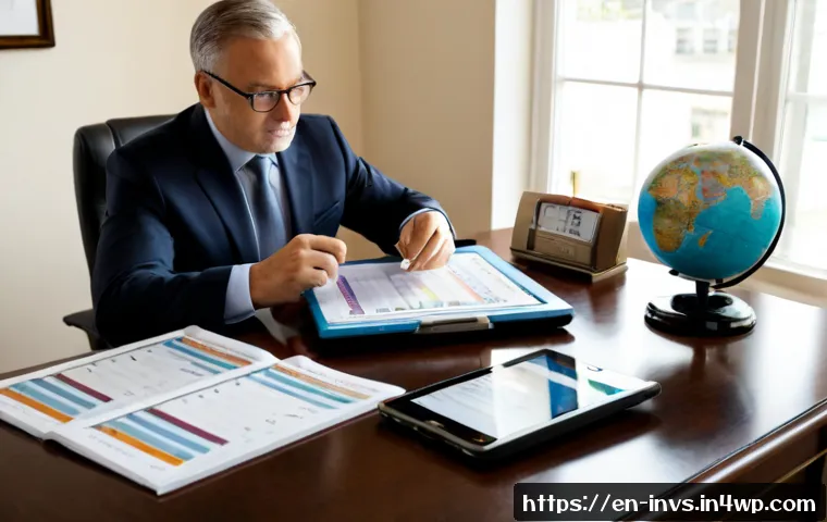 Home 17 가치 투자자가 추천하는 경제 경향 - Photorealistic value investing scene in a calm home office, thoughtful middle-aged investor reviewin...